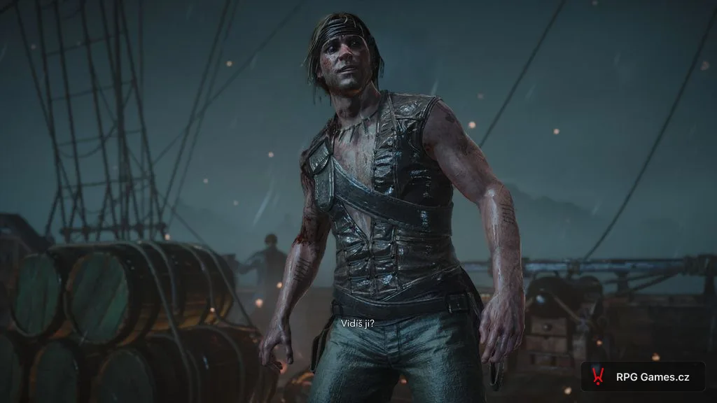 Black Flag Resynced — český dialog na palubě v dešti, replika Vidíš ji?