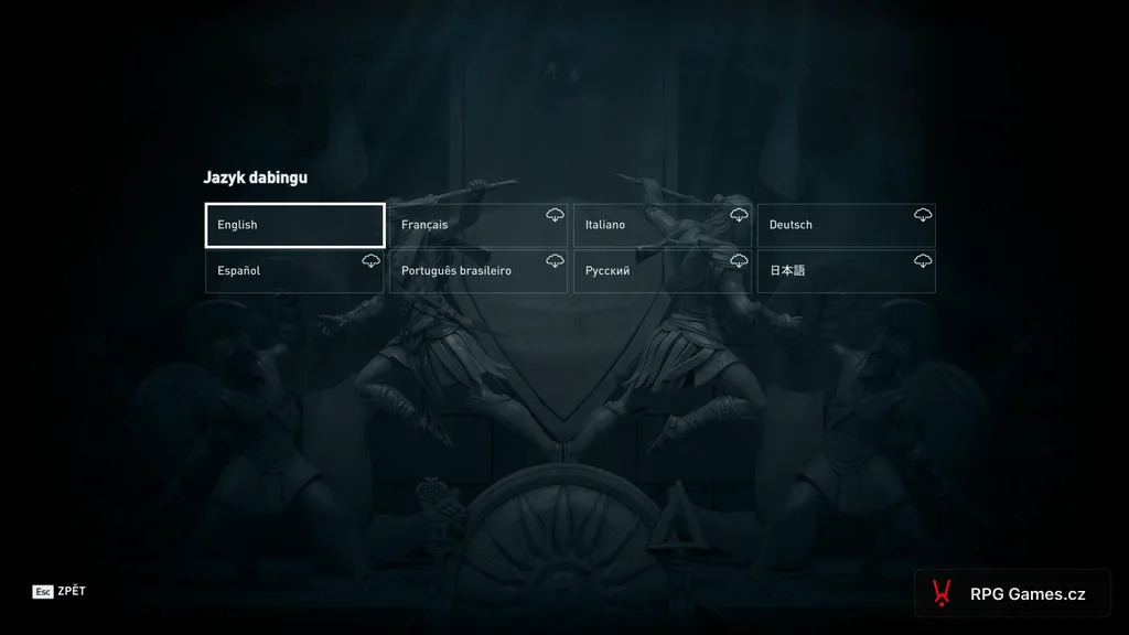 Výběr jazyka dabingu v Assassin's Creed Odyssey — English vybraný, ostatní jazyky ke stažení