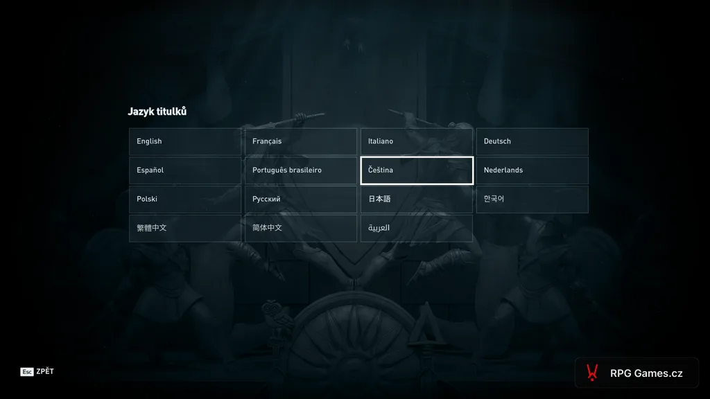 Výběr jazyka rozhraní v AC Odyssey — mřížka jazyků, zvýrazněná čeština