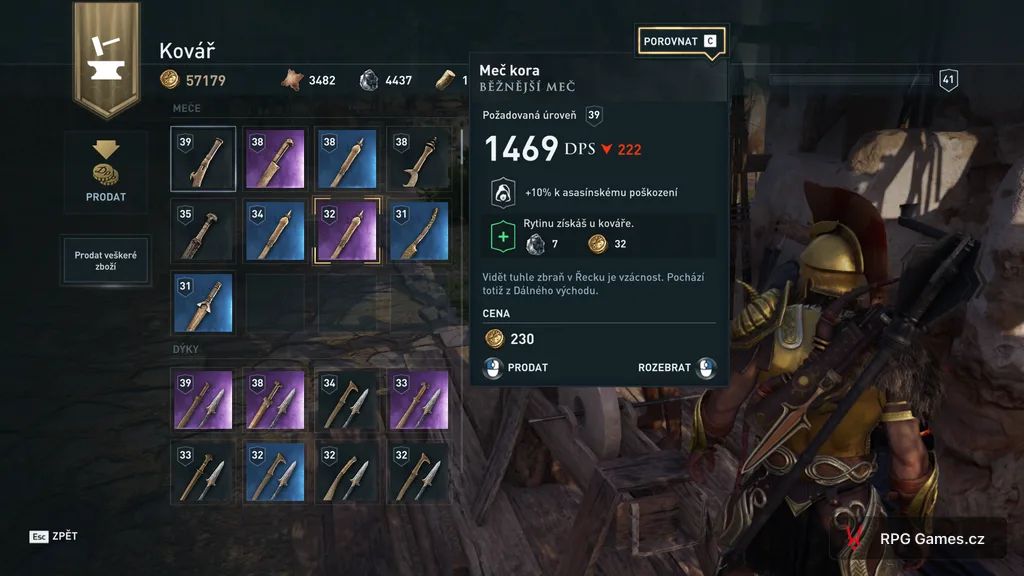 Menu kováře v Assassin's Creed Odyssey — prodej mečů za drachmy, české rozhraní