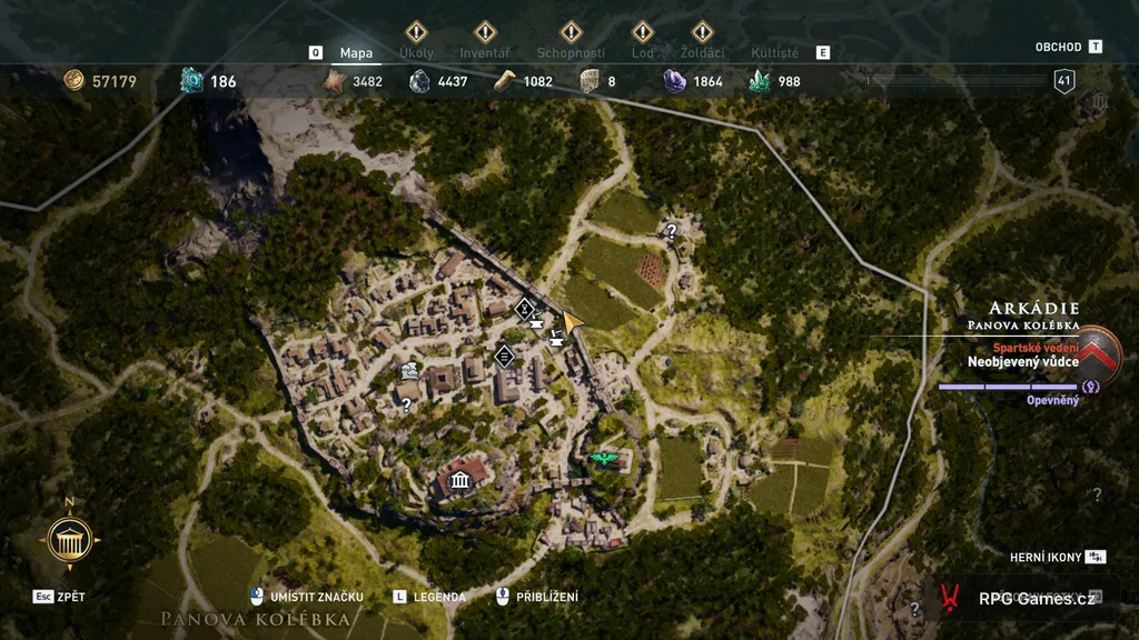 Přiblížená mapa Arkádie v AC Odyssey — Panova kolébka a opevněné město Tegea