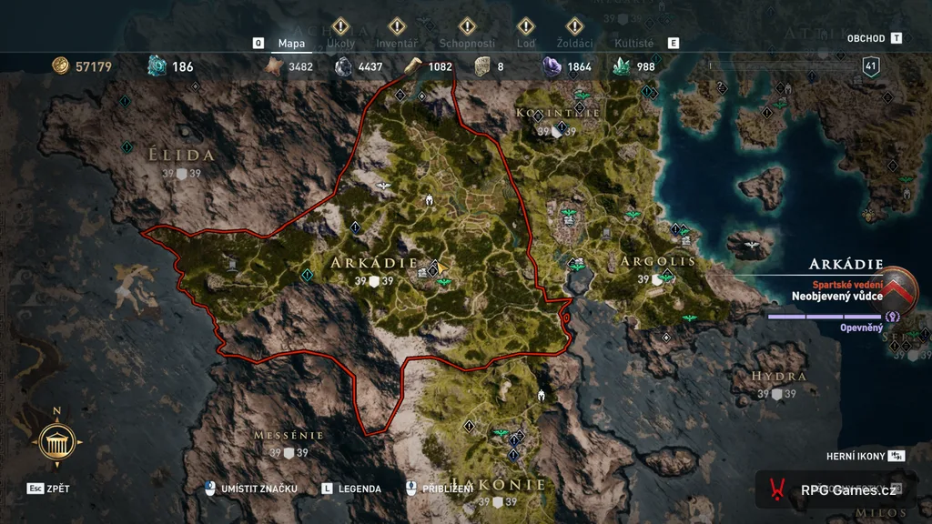 Mapa regionu Arkádie v Assassin's Creed Odyssey — zvýrazněný Peloponés se sousedními oblastmi