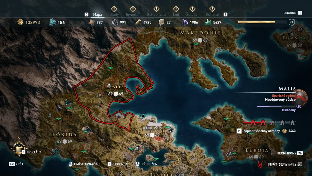 Mapa Assassin's Creed Odyssey — region Malis nad Fókidou, poloha Héfaistovy dílny
