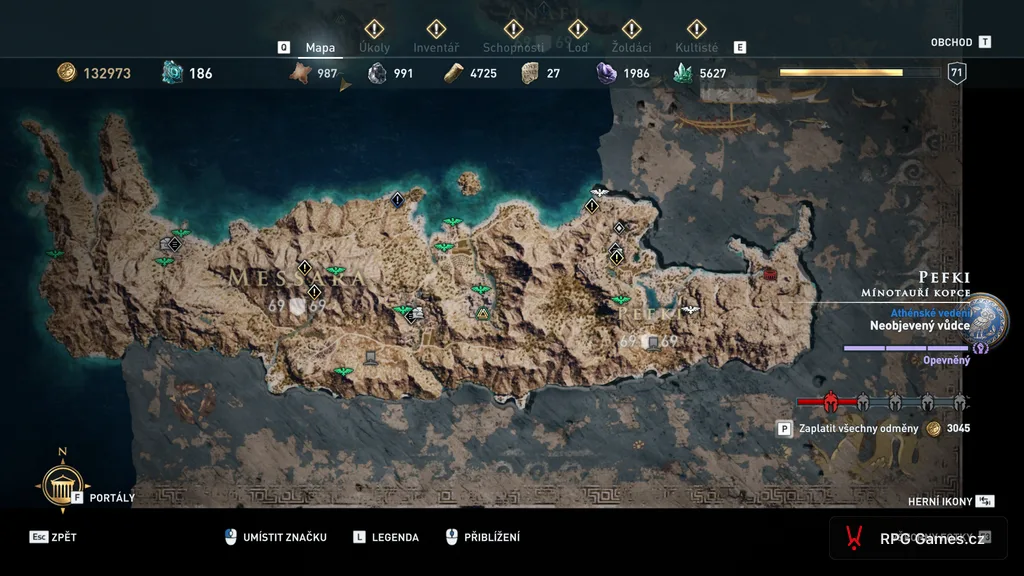 Mapa Messary a Pefki v Assassin's Creed Odyssey — aréna na východním cípu ostrova