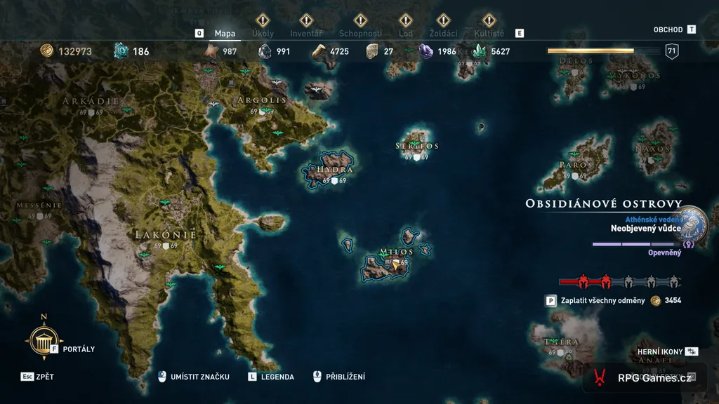 Mapa regionu Obsidiánové ostrovy v Assassin's Creed Odyssey — Melos, Hydrea a Argolis