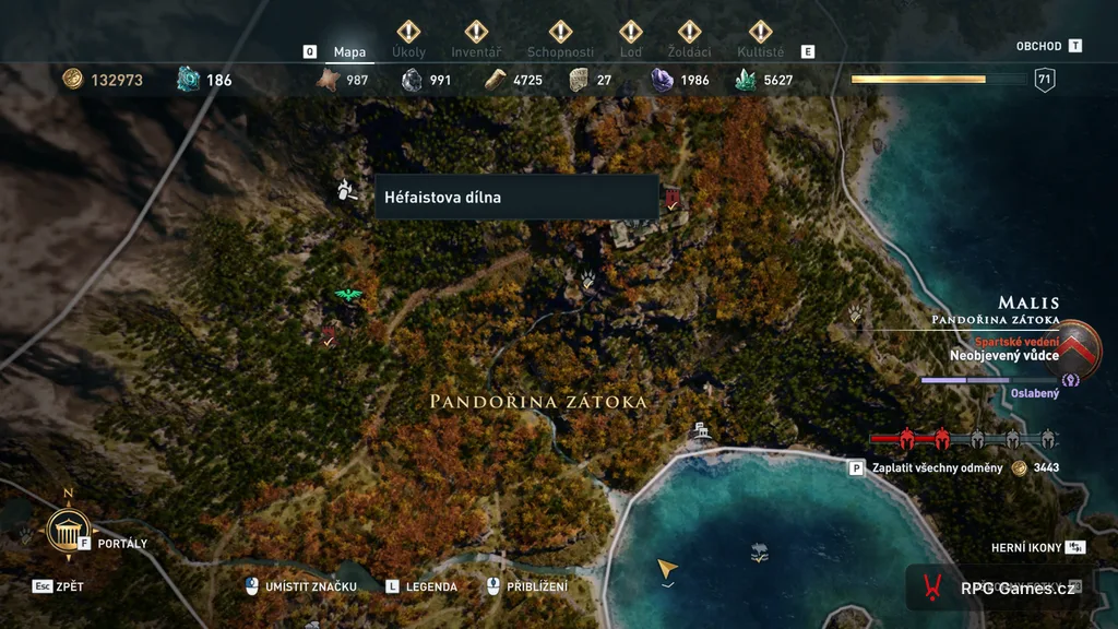 Mapa Pandořiny zátoky v Malis — ikona Héfaistovy dílny v Assassin's Creed Odyssey