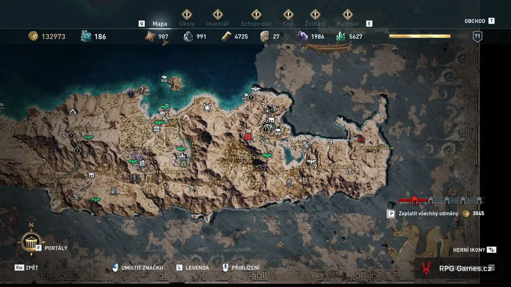 Přiblížená mapa Pefki v AC Odyssey — ikona arény u Pirátského vrchu