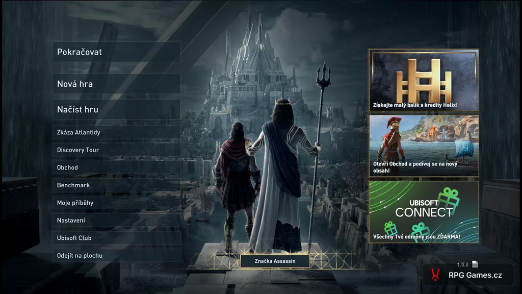 Hlavní menu Assassin's Creed Odyssey v češtině — Pokračovat, Nová hra, Nastavení