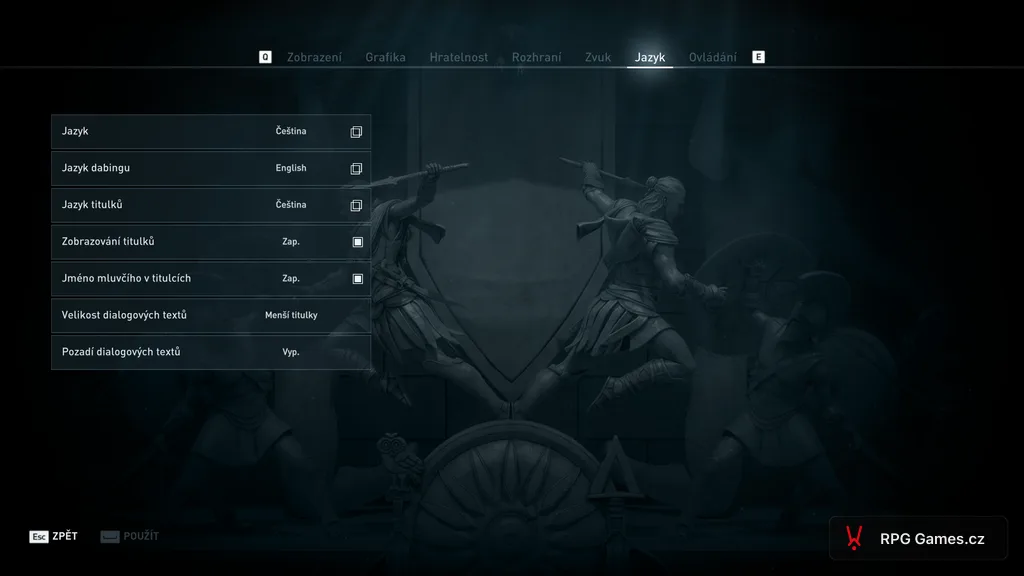 Nastavení jazyka v Assassin's Creed Odyssey — záložka Jazyk s volbami pro rozhraní, dabing a titulky