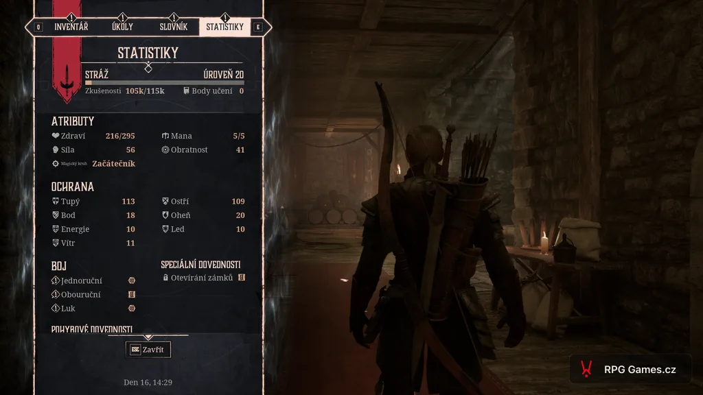 Gothic Remake — menu Statistiky, úroveň 20, XP 105k z 115k, den 16