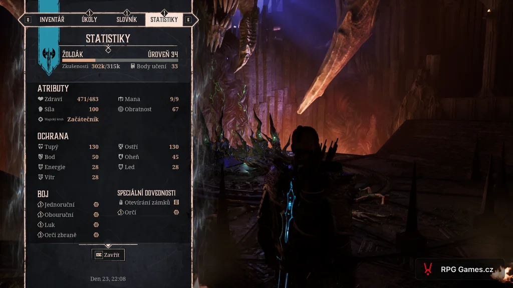 Gothic Remake — menu Statistiky, úroveň 34, XP 302k z 315k