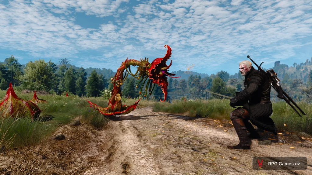 Geralt proti archespoře na polní cestě — otevřený červený květ s čelistmi z listů, Zaklínač 3