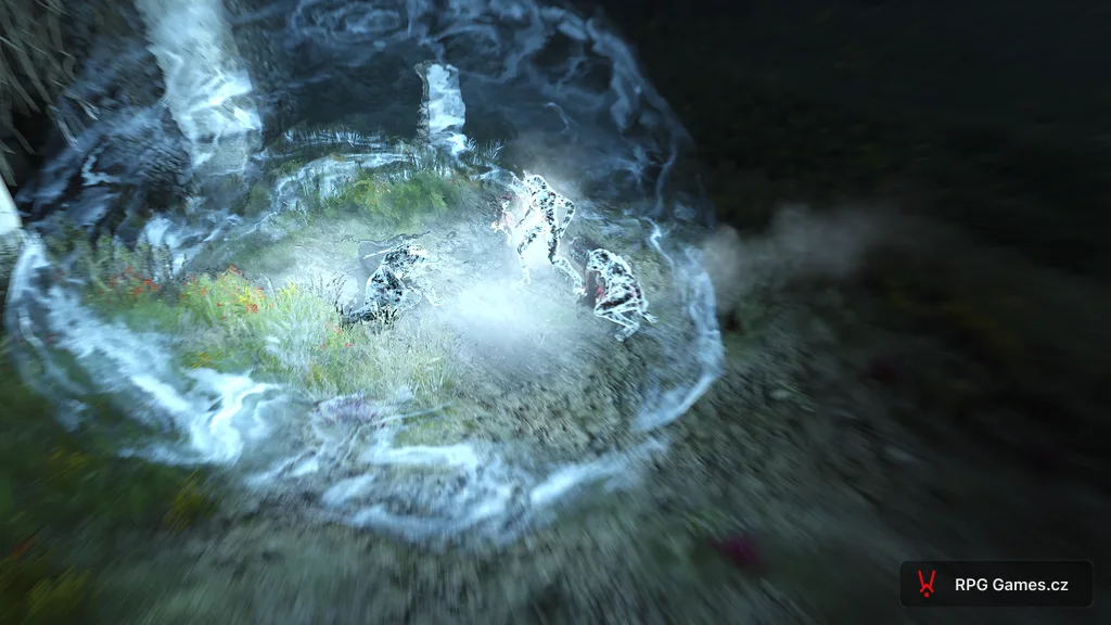 Geralt se stříbrným mečem proti dvěma barghestům na louce s květinami — zelenavý přeludový lesk, Zaklínač 3