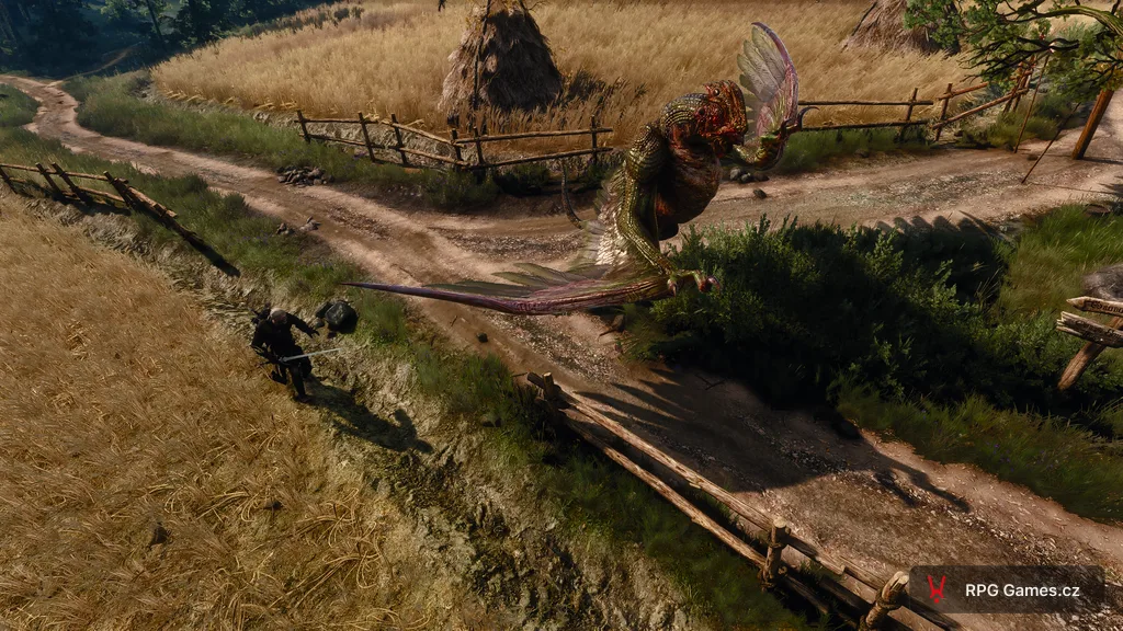 Geralt sesílá Aard na letícího baziliška nad polní cestou — modrý efekt znamení, křídla příšery, Zaklínač 3