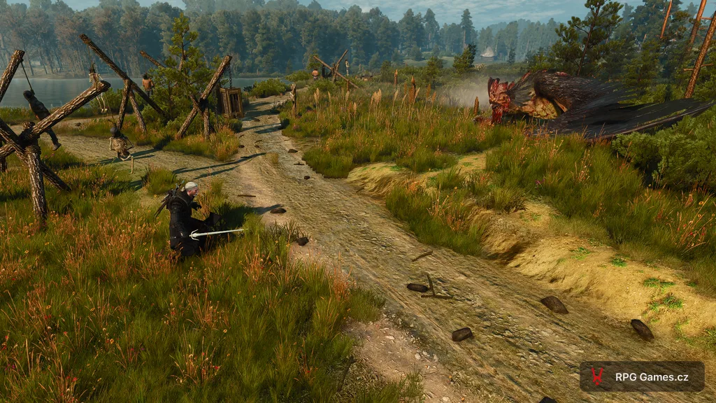 Geralt v bojovém postoji proti baziliškovi ve vysoké trávě u pobřeží — křídla příšery, červený hřeben, Zaklínač 3