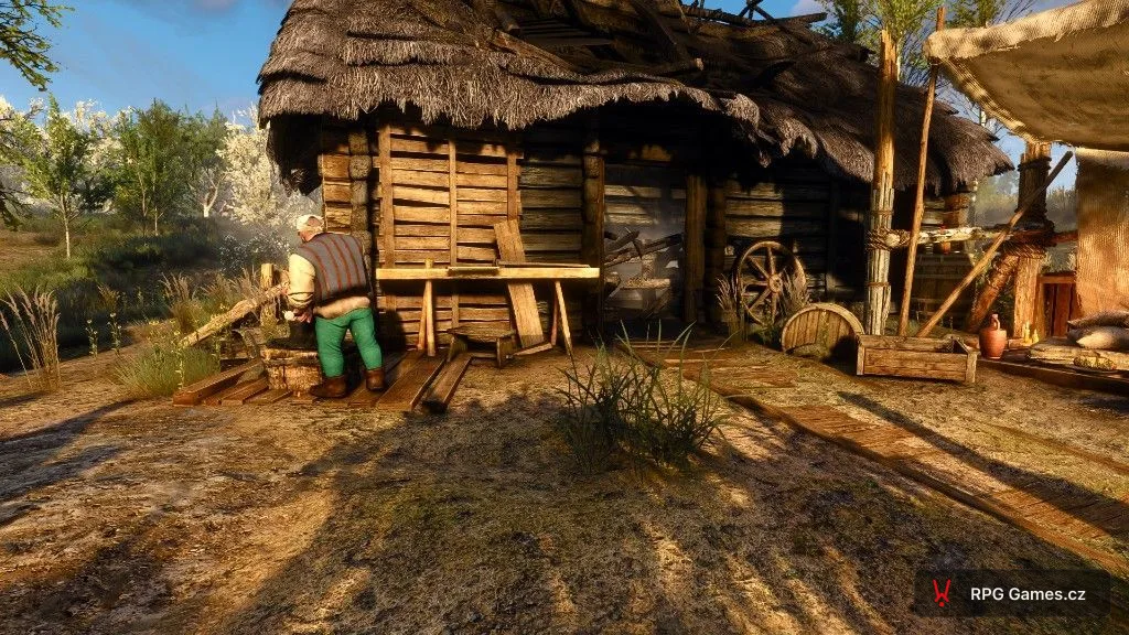Trpasličí kovář u výhně ve vesnici Bělosad při západu slunce, Zaklínač 3