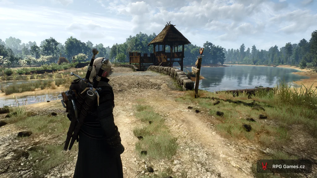 Geralt na mostě v Bělosadu ve hře Zaklínač 3