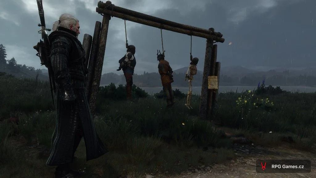 Šibenice u cesty v Bělosadu — Geralt a tři oběšenci v dešti, Zaklínač 3