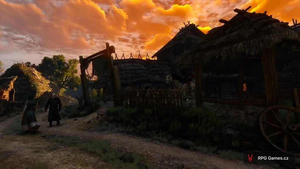 Vesnice Bělosad při západu slunce — Geralt a Roach mezi chalupami, Zaklínač 3
