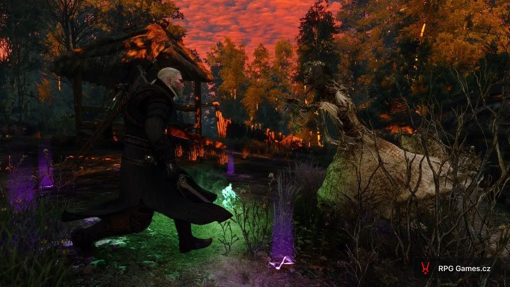 Geralt se stříbrným mečem proti ďáblu u studny na cestě při západu slunce — Zaklínač 3