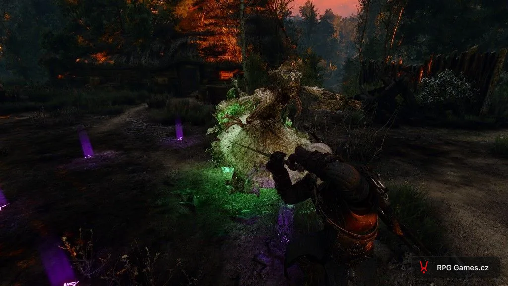 Geralt se stříbrným mečem proti ďáblu u studny v kruhu Yrden u chalupy — Zaklínač 3