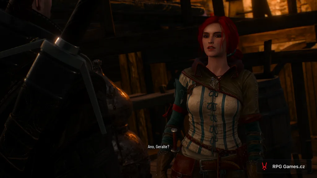 Dialog s Triss v Novigradu — Triss v cestovním outfitu, Geralt přes rameno, Zaklínač 3