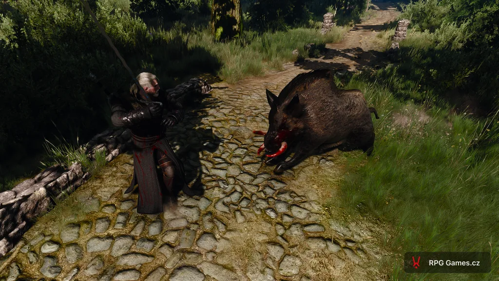 Geralt se mečem proti divočákovi na kamenné cestě — kanec s krvavými kly, Zaklínač 3