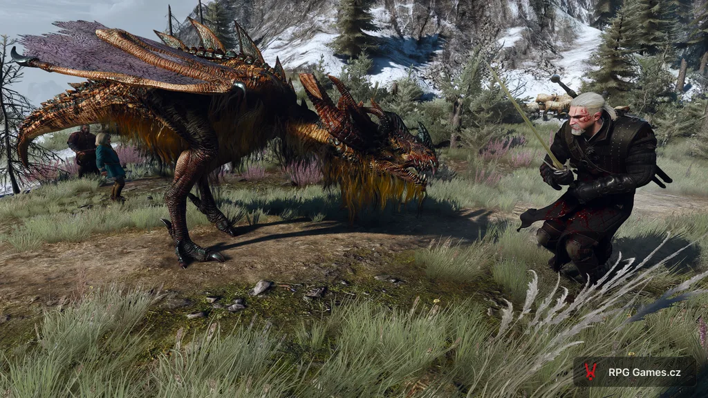 Geralt se stříbrným mečem proti Draku z Fyresdalu v temném lese — křídla roztažená, Skellige, Zaklínač 3