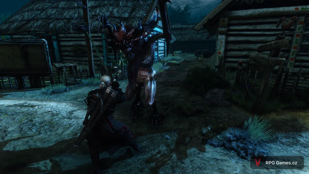 Geralt čelí ekimarě v noci u dřevěné chalupy — červený netopýří upír s dlouhými drápy, Zaklínač 3
