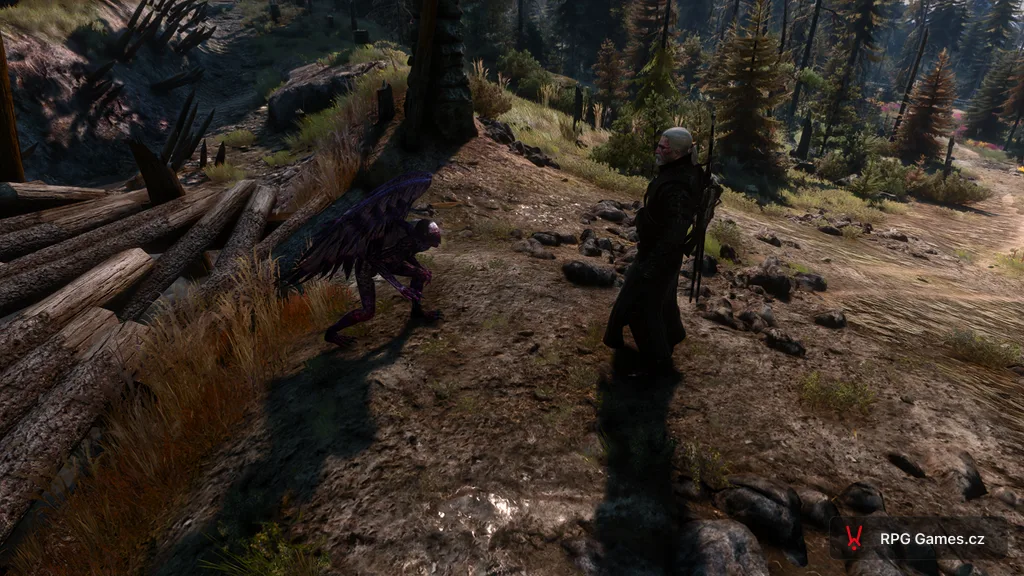 Geralt zády proti erynii u palisády na Skellige — okřídlený hybrid v dřepu, Zaklínač 3
