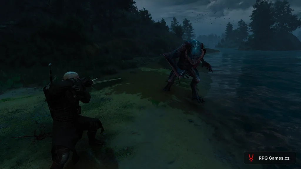 Geralt se stříbrným mečem proti fledeřovi na břehu — souboj nižšího upíra, Zaklínač 3