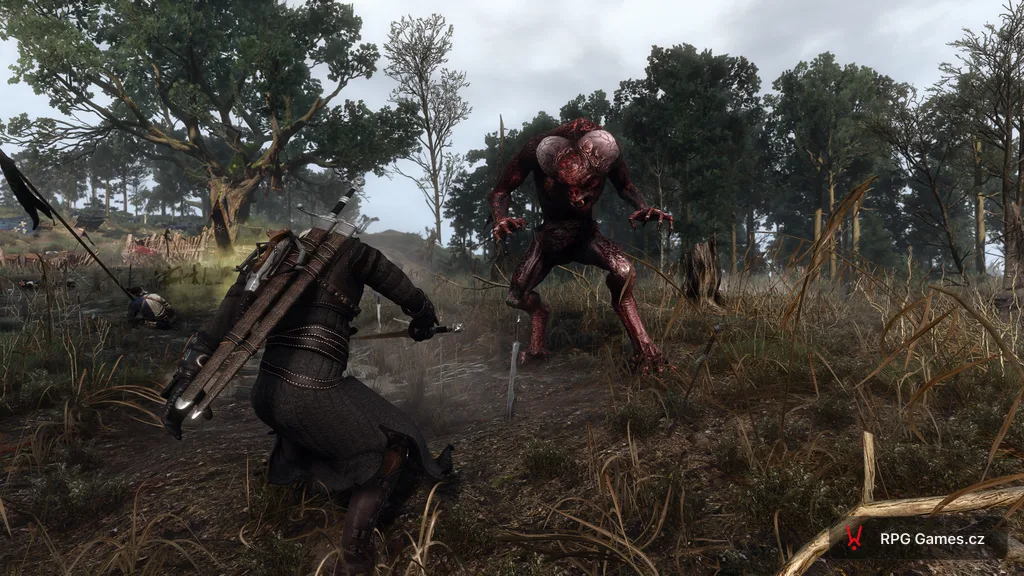 Geralt se stříbrným mečem proti garkainovi na louce u lesa — souboj nižšího upíra, Zaklínač 3