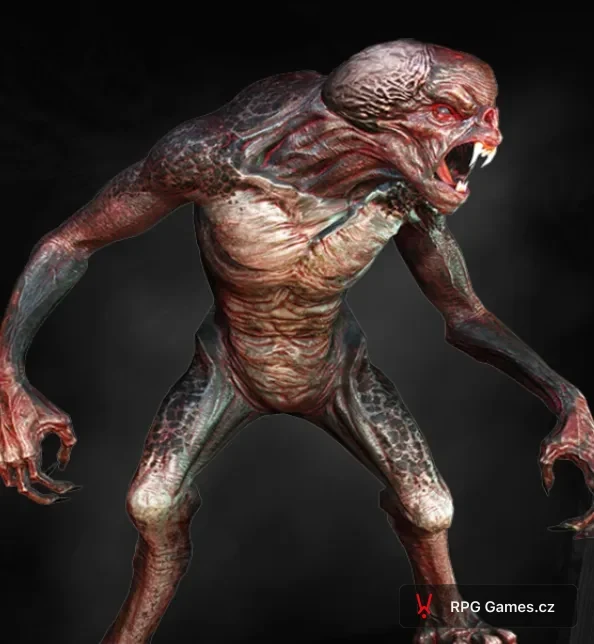 Garkain ve hře Zaklínač 3 — model z herního bestiáře, hubený upír s červenýma očima a dlouhými drápy
