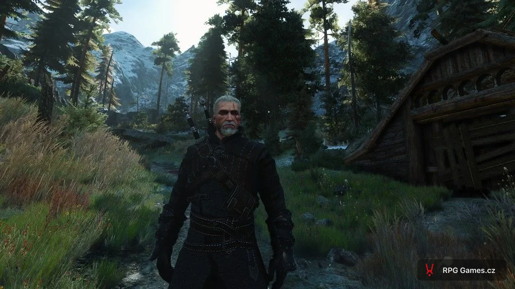 Geralt z Rivie ve tmavé zbroji na Skellige — portrét, bílé vlasy a medailon školy vlka, Zaklínač 3