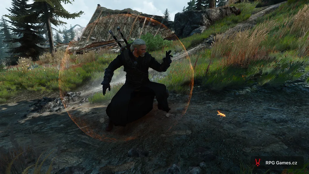 Geralt sesílá Quen na louce — oranžový štít, tmavá zbroj, Zaklínač 3