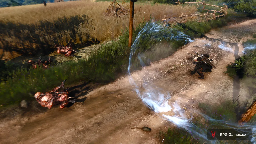Geralt vrhá Aard proti ghúlům na cestě — modrá vlna znamení, jeden ghúl na zemi, Zaklínač 3