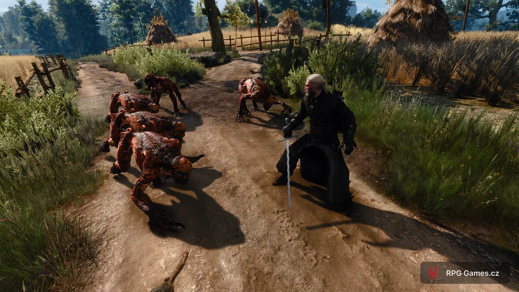 Geralt v boji se smečkou ghúlů ve hře Zaklínač 3 — stříbrný meč na prašné cestě