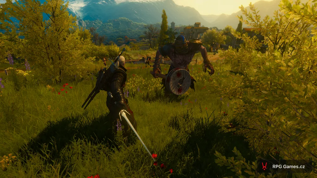 Geralt se stříbrným mečem proti Goljatovi na louce — rytíři v pozadí, Zaklínač 3