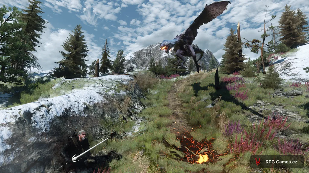 Haštěří matka dýchá oheň na Geralta na horské cestě v Toussaintu — Geralt v úkrytu za skálou, Zaklínač 3