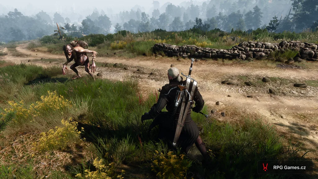 Geralt proti hrobici na polní cestě ve Velenu — stříbrný meč, kosti na zádech příšery, Zaklínač 3