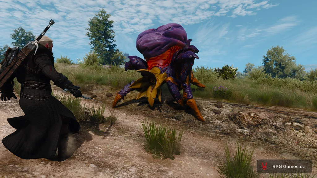 Geralt se stříbrným mečem proti jedovatému krabopavoukovi na prašné cestě ve Velenu — fialový vak a oranžová klepeta, Zaklínač 3