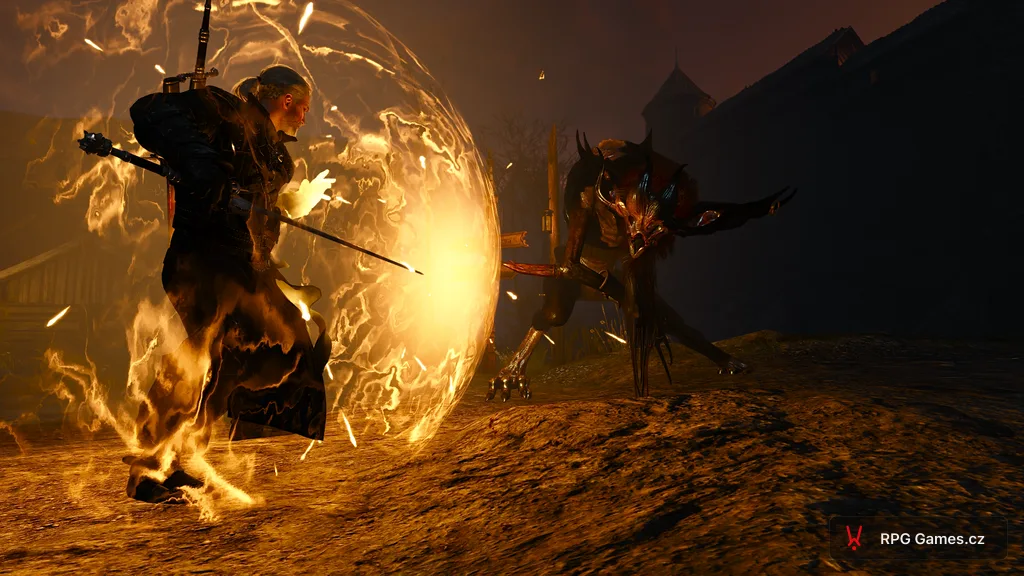 Geralt s aktivním Quenem proti katakanovi v noci — oranžová štítová koule, netopýří upír s drápy, Zaklínač 3