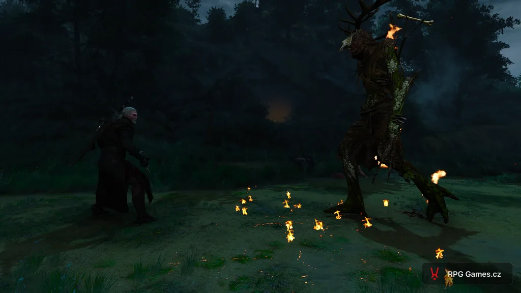 Geralt proti Kernunovi v lese — oheň Igni na zemi a na lešijovi, Zaklínač 3