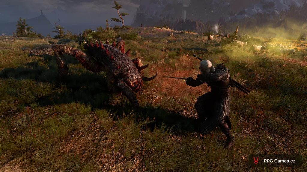 Geralt se stříbrným mečem proti kikimoří válečnici na louce — ostnatý chitin a červené hroty, Zaklínač 3