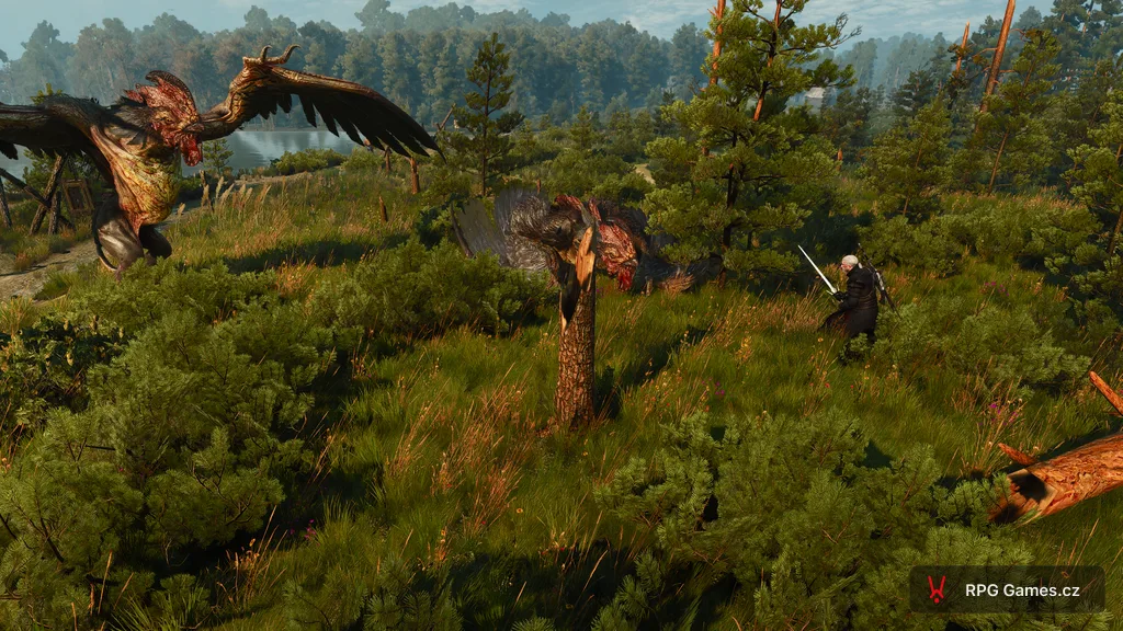 Geralt se stříbrným mečem proti dvěma kuroliškům na louce u jezera — kohoutí hlavy, křídla, Zaklínač 3