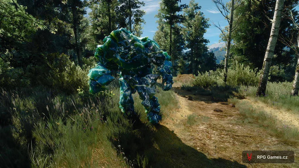 Ledový elementál na lesní cestě — tělo z modrého a zeleného ledu, Skellige, Zaklínač 3