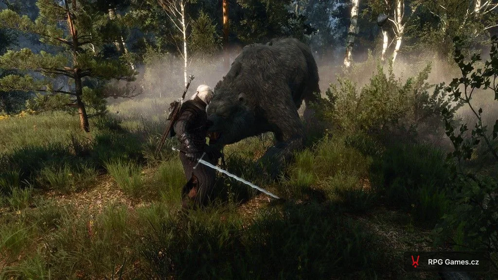 Geralt zblízka proti velkému medvědovi v lese se stříbrným mečem, Zaklínač 3