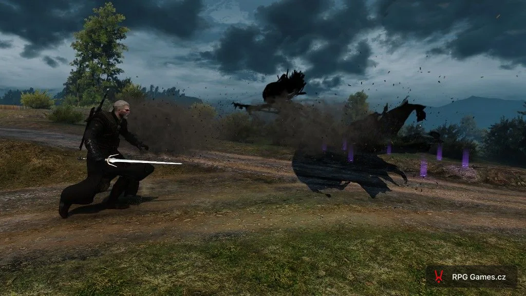 Geralt proti morové panně v kruhu Yrden na polní cestě — fialové znamení, přelud s krysami, Zaklínač 3