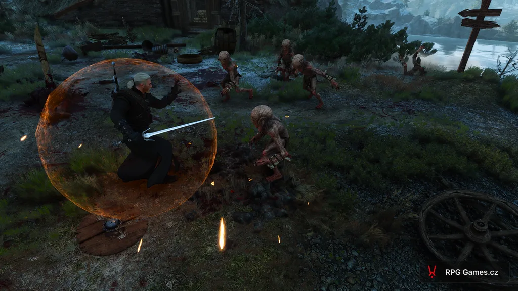 Geralt s aktivním Quenem obklíčen smečkou nekkerů na cestě — oranžová štítová koule, Zaklínač 3