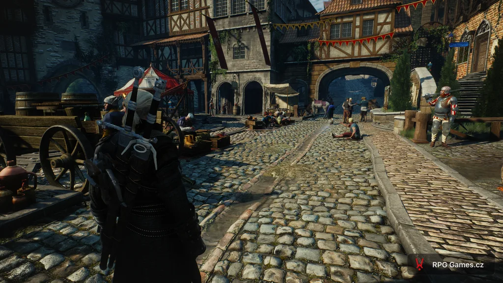 Geralt v ulici Novigradu — hrázděné domy, tržiště a redanská stráž, Zaklínač 3
